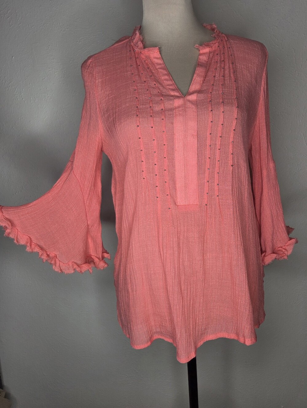 Zac & Rachel Coral Beaded Gauze Bell Sleeve Boho Blouse Small Coastal Beachy
